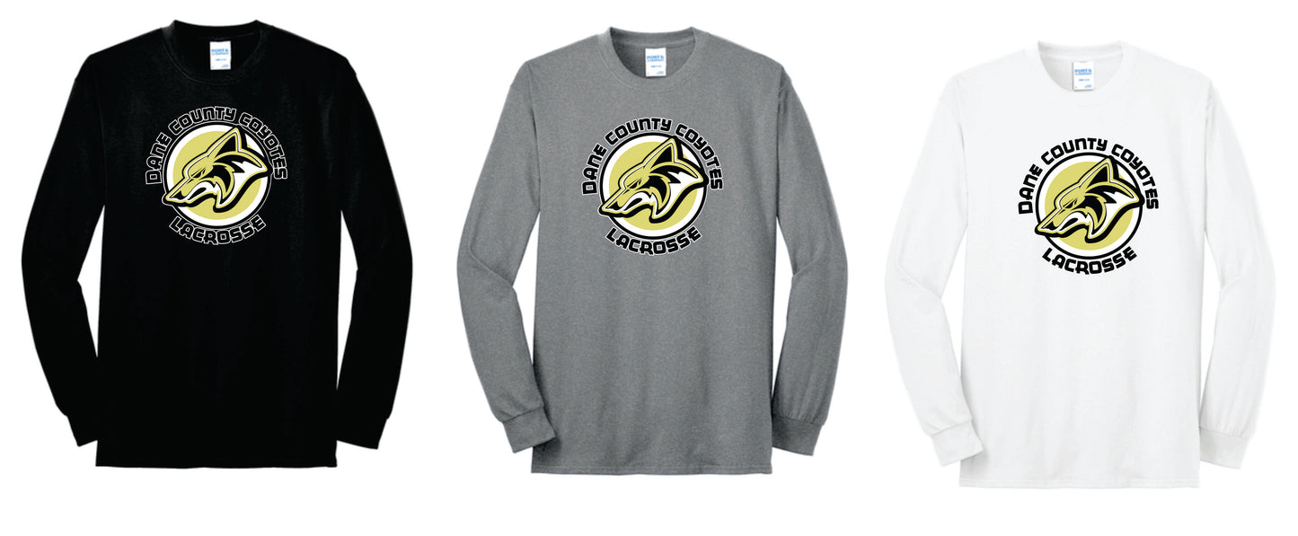 Coyotes Cotton Blend Long Sleeve Tee. Full Front Design Black, Adult and Youth Sizes
