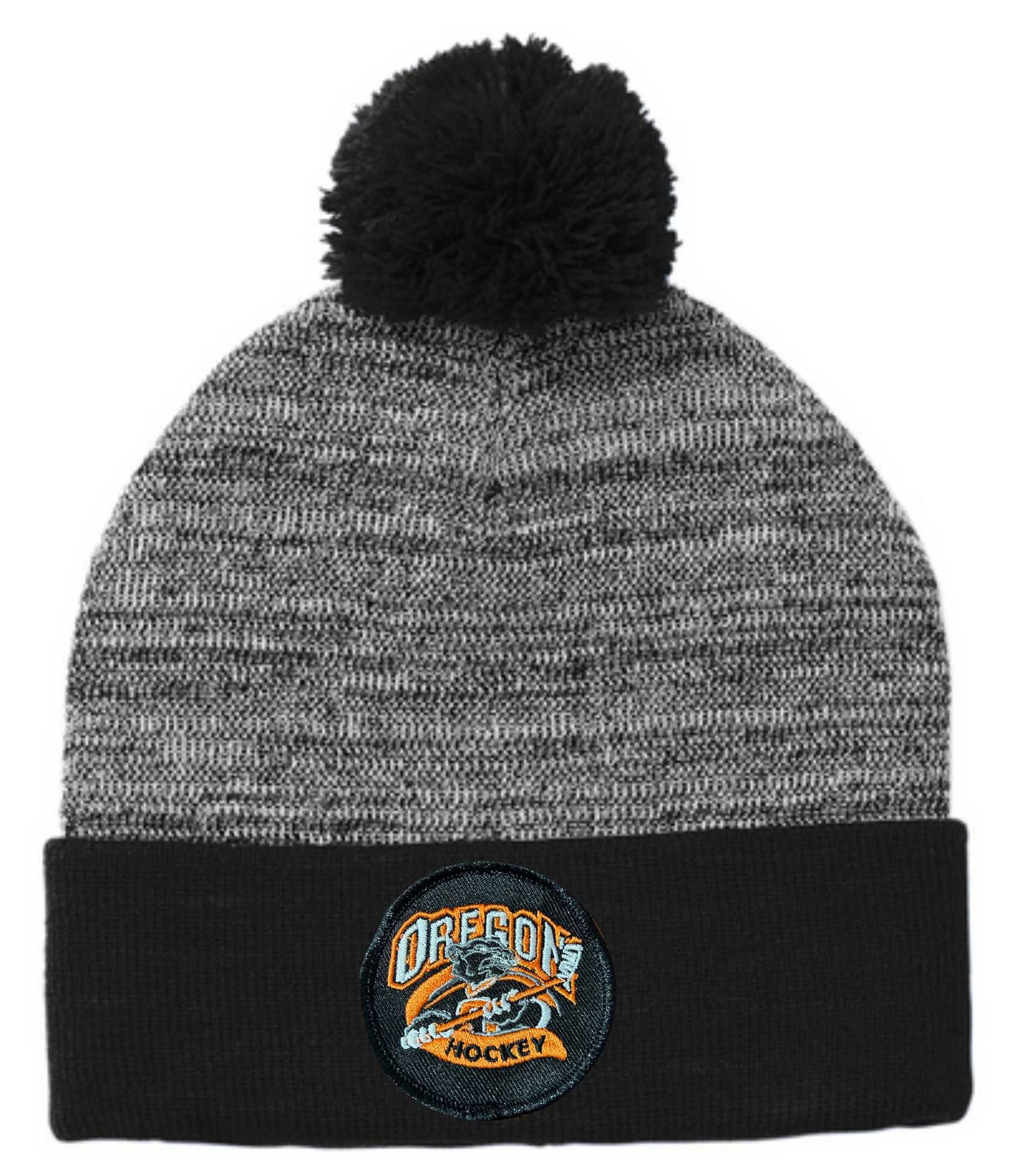 Oregon Hockey Pom Beanie with Patch Logo v1