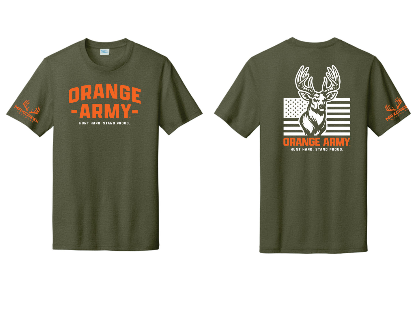 Max Creek Orange Army Tri Blend Tee with Digital Design Military Green Color - Deer Logo