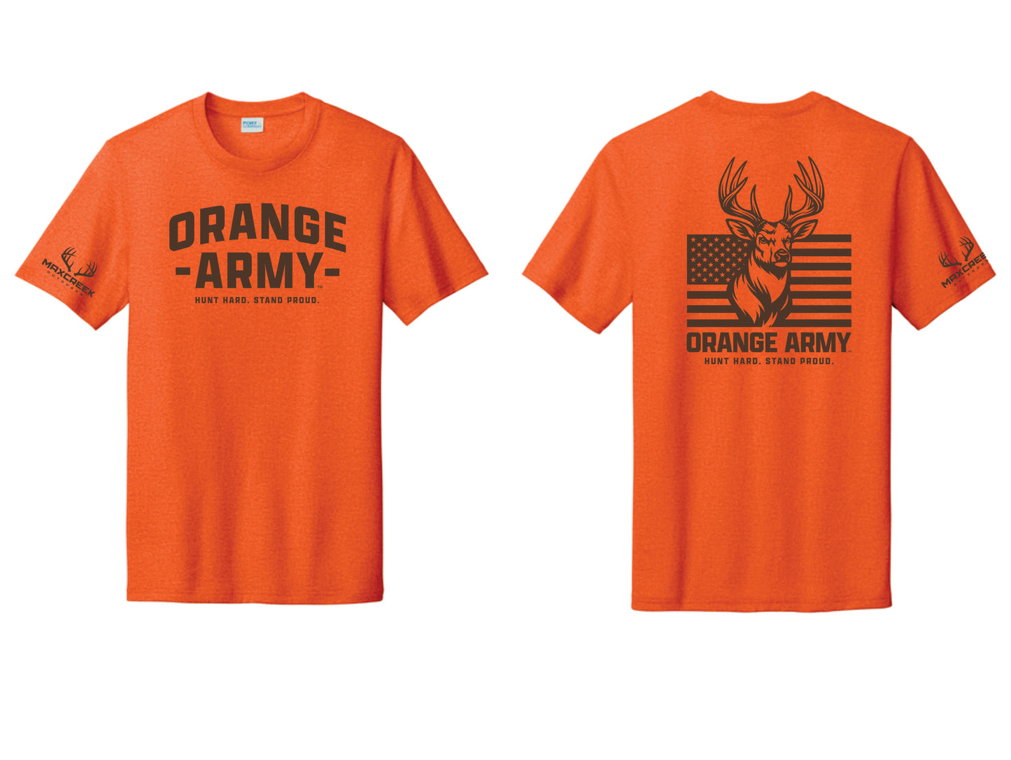Max Creek Orange Army Tri Blend Tee with Digital Design Orange Color - Deer Logo