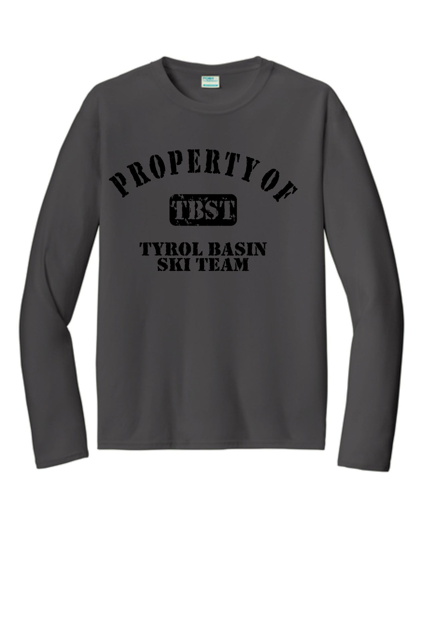 Property of TBST Performance Long Sleeve Tee with sublimated design. Silver or Charcoal. Adult, and Youth Sizes.
