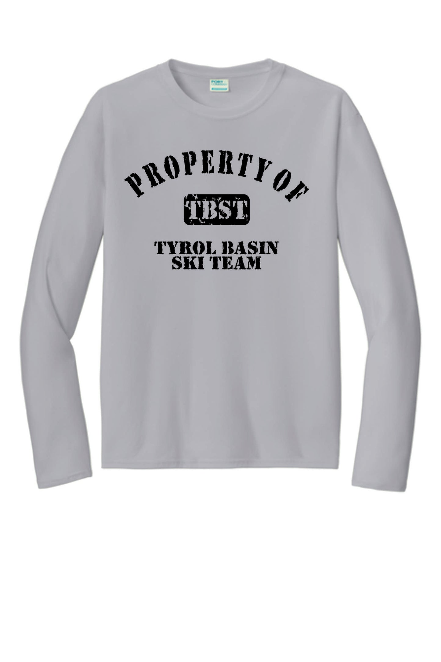 Property of TBST Performance Long Sleeve Tee with sublimated design. Silver or Charcoal. Adult, and Youth Sizes.