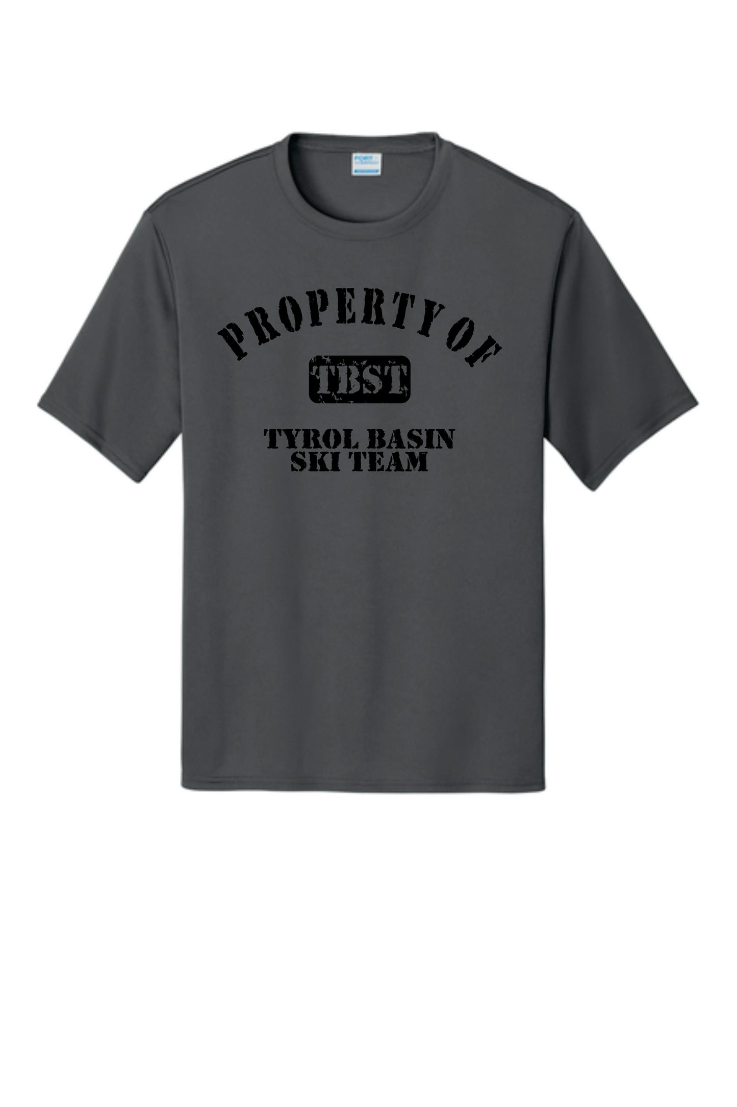 Property of TBST Performance Tee with sublimated design. Silver or Charcoal. Adult and Youth Sizes