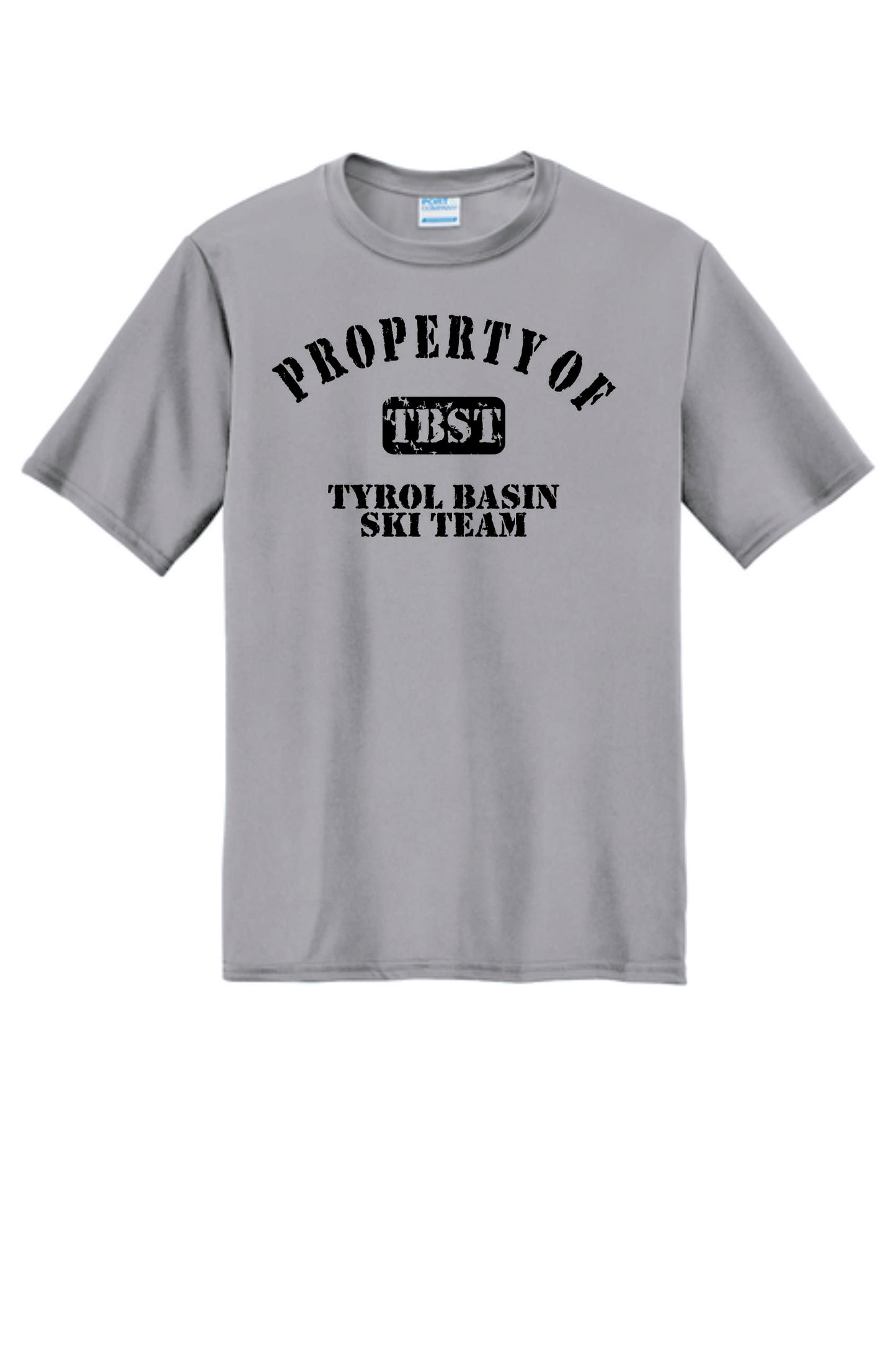 Property of TBST Performance Tee with sublimated design. Silver or Charcoal. Adult and Youth Sizes