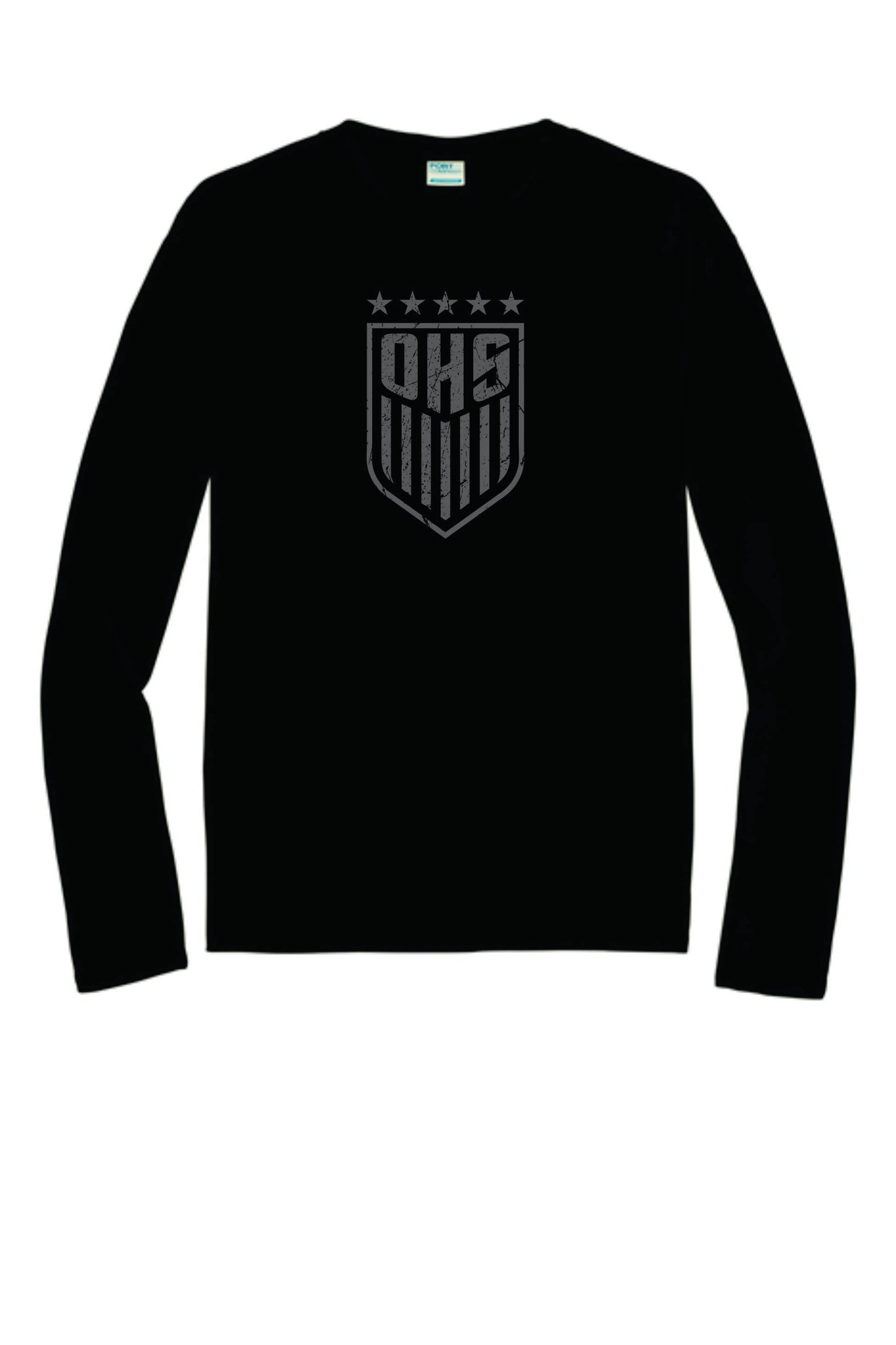 OHS BS Performance Tee with Digital Print. Black with Distressed Logo. Women's Sizes