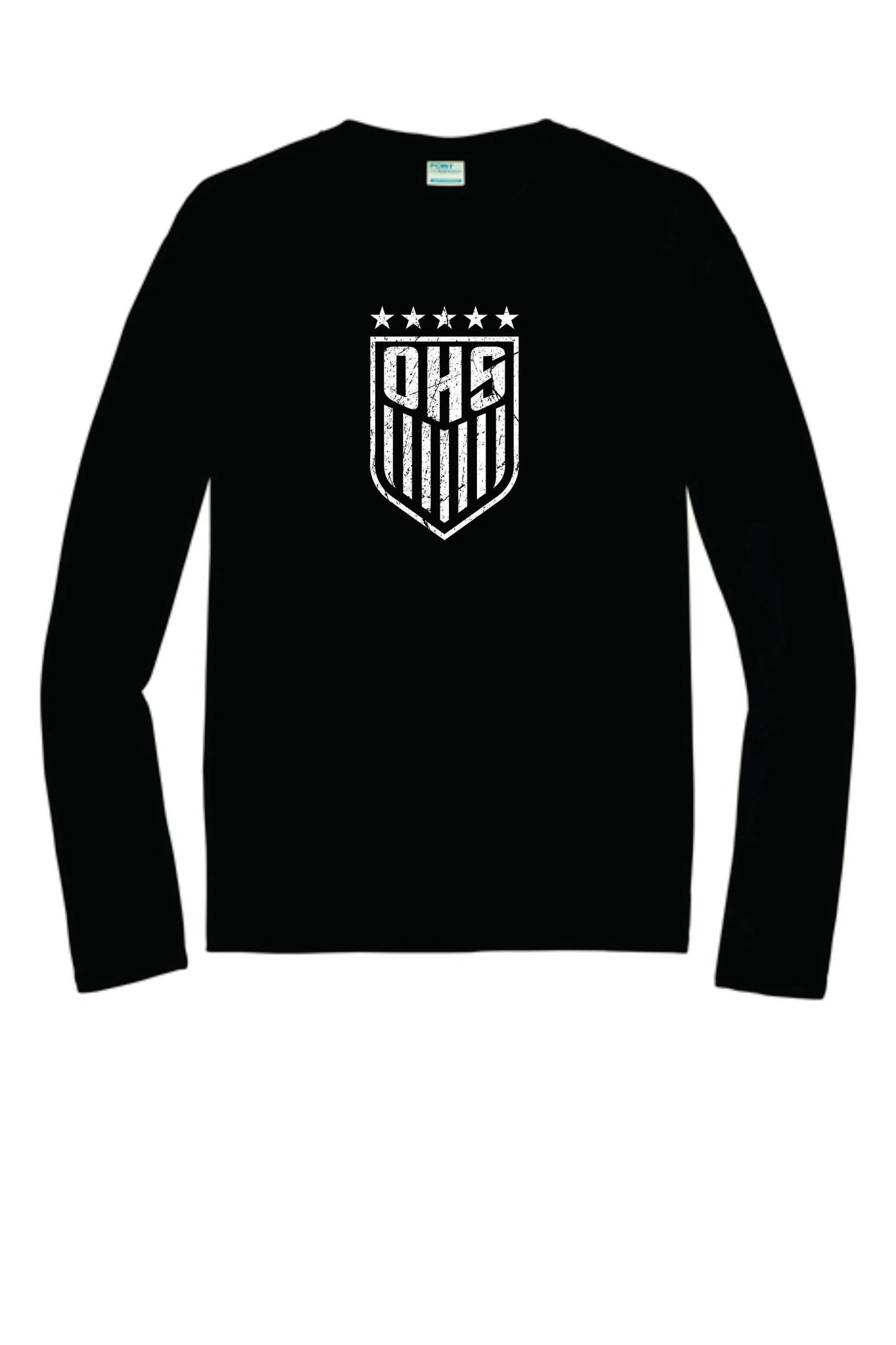 OHS BS Long Sleeve Performance Tee. Black with Distressed logo Unisex and Youth Sizes