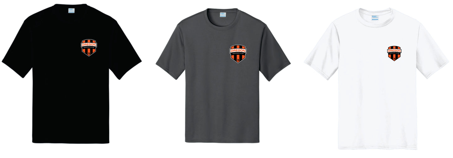 Oregon SC Performance Tee. Left Chest Design. Black, Charcoal, White. Adult, Women, and Youth Sizes
