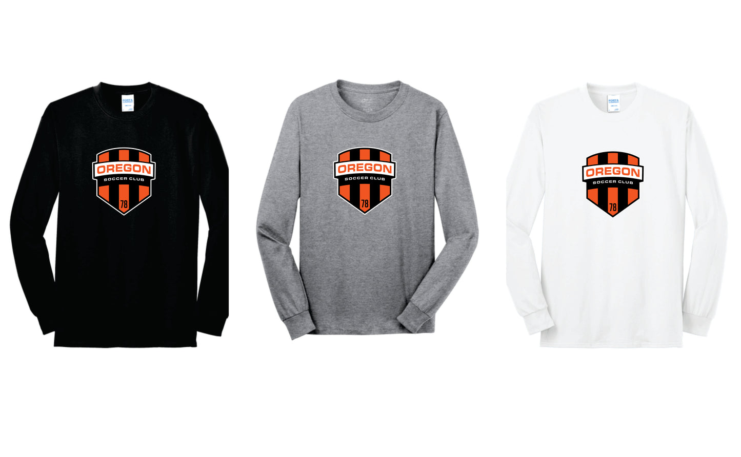 Oregon SC Cotton Blend Long Sleeve Tee. Full Front Design Black, Gray, White. Adult and Youth Sizes