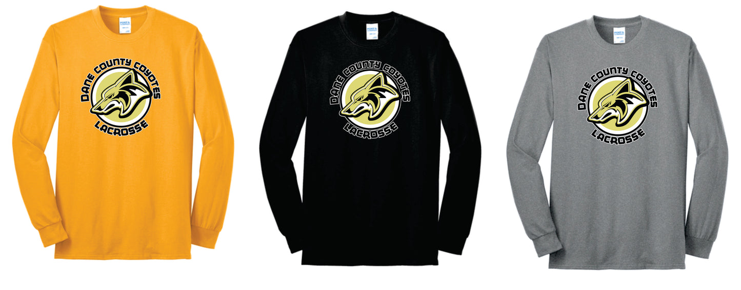 Coyotes Cotton Blend Long Sleeve Tee. Full Front Design Black, Adult and Youth Sizes