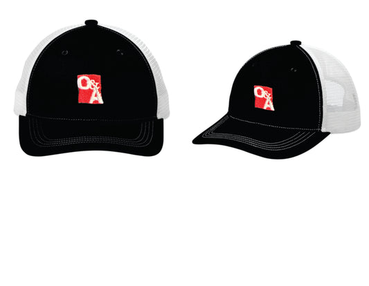 O&A Trucker Hat with Embroidered Logo. 2 Color Options