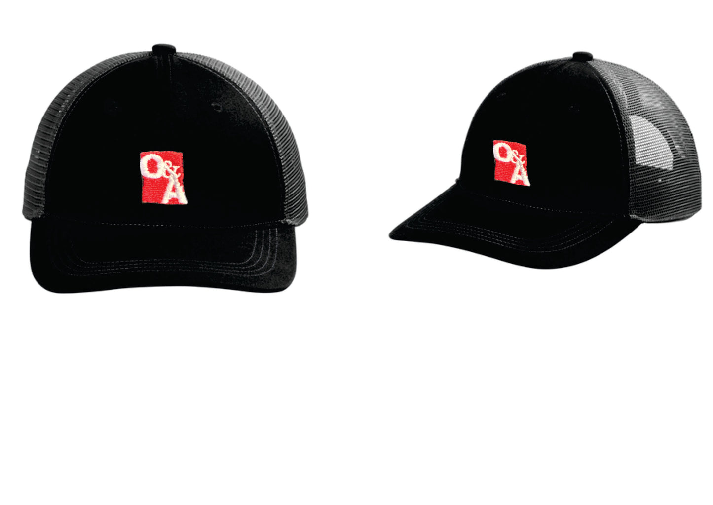 O&A Trucker Hat with Embroidered Logo. 2 Color Options