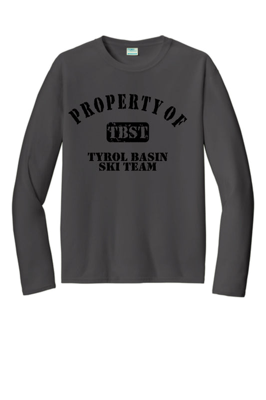 Property of TBST Performance Long Sleeve Tee with sublimated design.  Silver or Charcoal. Adult, and Youth Sizes.