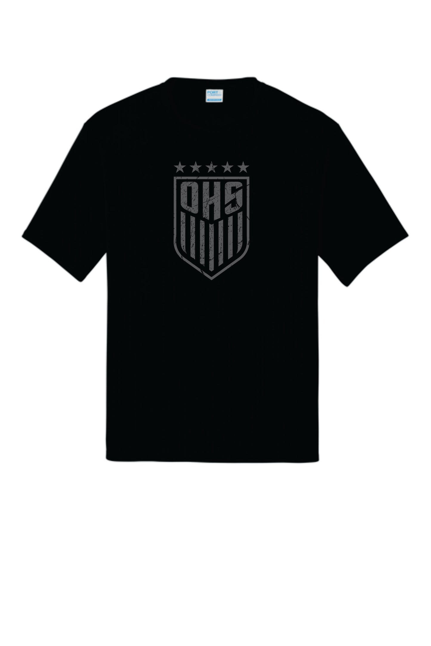 OHS BS Performance Tee with Digital Print. Black with Distressed Logo. Women's Sizes
