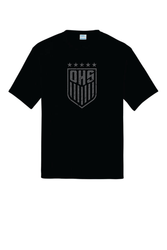 OHS BS Performance Tee with Digital Print. Black with Distressed Logo. Women's Sizes
