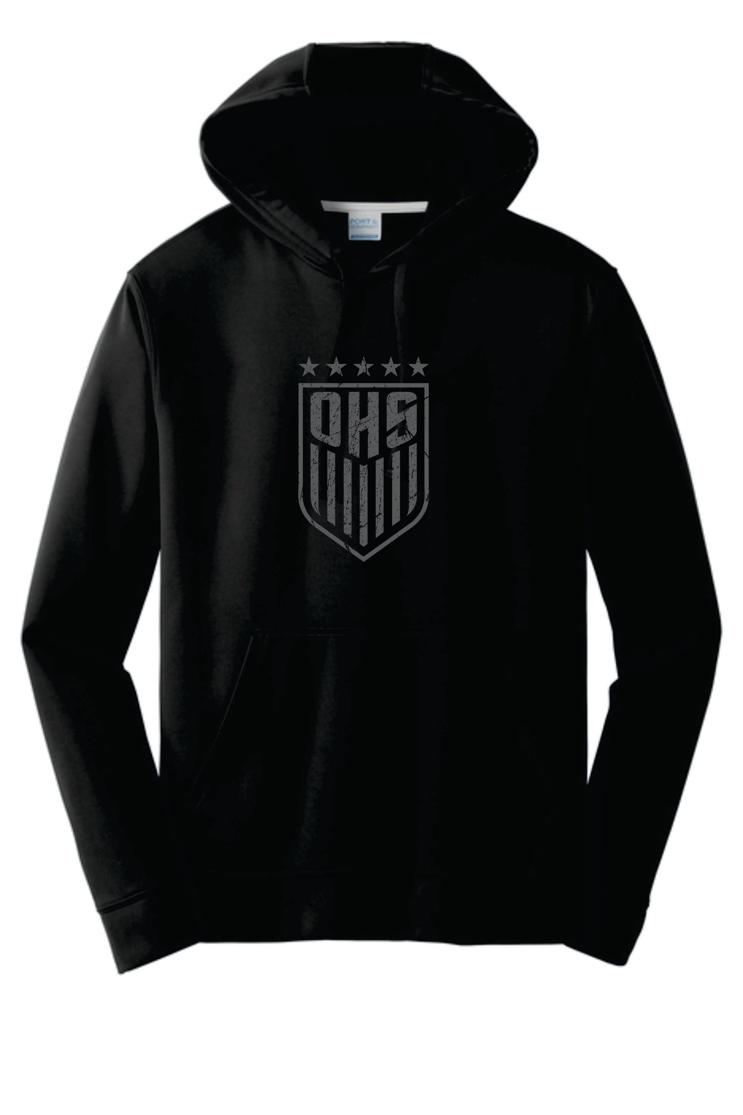 OHS BS Performance Hoodie. Black with Distressed Logo Unisex and Youth Sizes