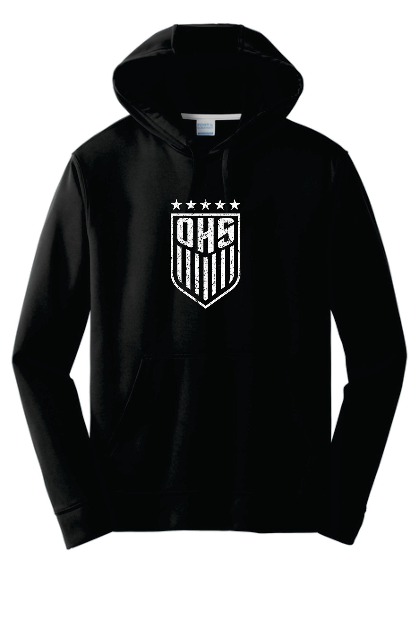 OHS BS Performance Hoodie. Black with Distressed Logo Unisex and Youth Sizes