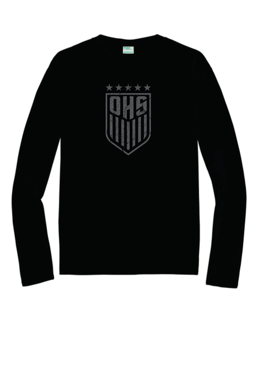 OHS BS Long Sleeve Performance Tee.  Black with Distressed logo Unisex and Youth Sizes