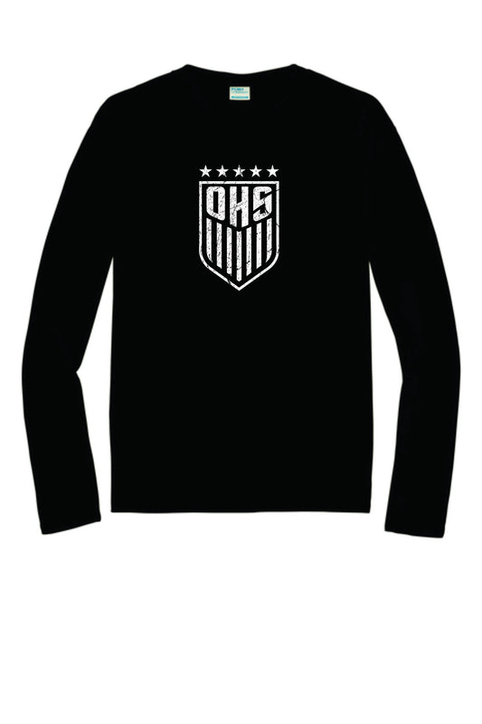 OHS BS Long Sleeve Performance Tee.  Black with Distressed logo Unisex and Youth Sizes