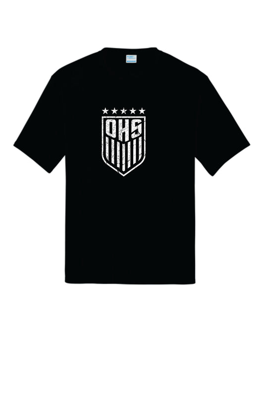 OHS BS Performance Tee with Digital Print. Black with Distressed Logo. Women's Sizes