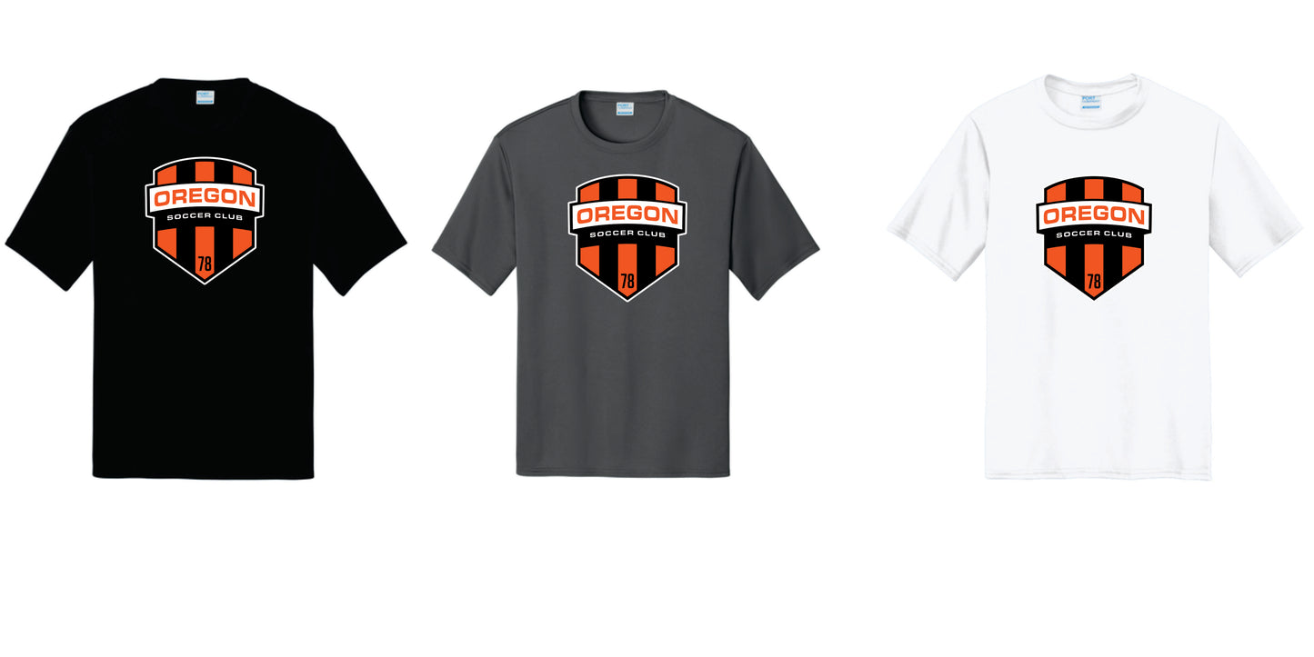 Oregon SC Performance Tee. Full Front Design. Black, Charcoal Gray White.  Adult, Women, and Youth Sizes
