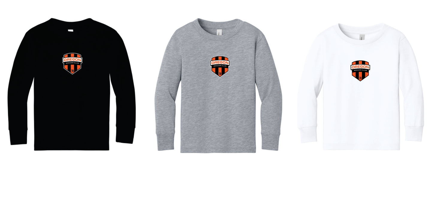 Oregon SC Cotton Blend Toddler Long Sleeve Tee. Full Front Design Black, Gray, White.